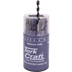 TORK CRAFT Drill Bit 18 Set Combo Wood + Masonry + Hss In Plastic Container