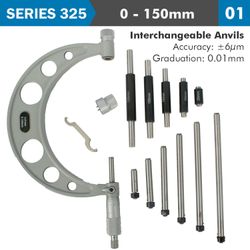 ACCUD Outside Micrometer 150mm 0.004mm Acc. 0.01mm Grad. With Interch. Anvil