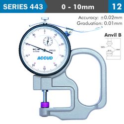 ACCUD Thickness Gauge 10mm 0.02mm Acc. Steel Anvil 0.01mm Grad.