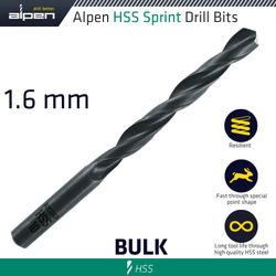 ALPEN Hss Sprint Drill Bit 1.6mm Bulk Ind.pack