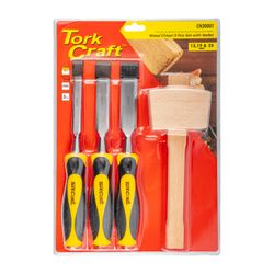 TORK CRAFT Chisel Set Wood 3 Piece Plus Wooden Mallet Blister