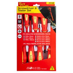 TORK CRAFT 8pc Screwdriver & Tester Set Electricians Insulated Vde