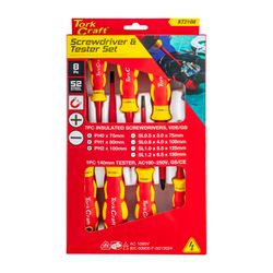 TORK CRAFT 8pc Screwdriver & Tester Set Electricians Insulated Vde