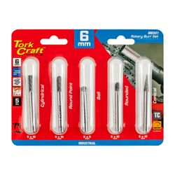 TORK CRAFT Rotary Burr Set 5 Pc Asstd 6mm Dia Tungsten