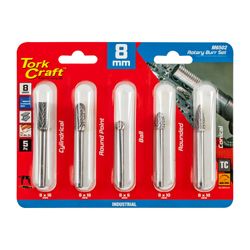 TORK CRAFT Rotary Burr Set 5 Pc Asstd 8mm Dia Tungsten