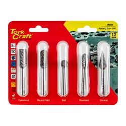 TORK CRAFT Rotary Burr Set 5 Pc Asstd 12mm Dia Tungsten
