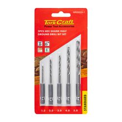 TORK CRAFT Drill Bit Set 5pcs Hss Half Ground Hex Shank 1.5/2.5/3/4/5mm Polished