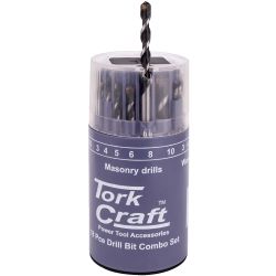 TORK CRAFT Drill Bit 18 Set Combo Wood + Masonry + Hss In Plastic Container
