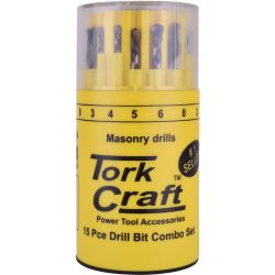 TORK CRAFT Drill Bit 15pc Set Combo Wood + Masonry + Hss In Plastic Container