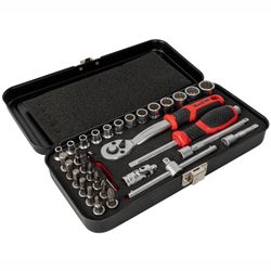 TORK CRAFT Socket & Ratchet Set 34pc 1/4' Dr Crv 12 Point Metal Case