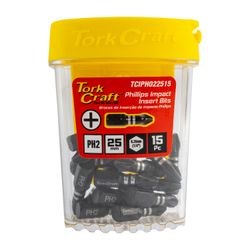 TORK CRAFT Impact Phil.2 X 25mm Insert Bit 15pc Tic Tac Case Ph2