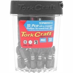 TORK CRAFT Impact Phil.2 X 25mm Insert Bit 15pc Tic Tac Case Ph2