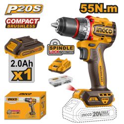 INGCO 20v Ps+ C/l B/l Drill 55nm 1x2.0 Ah B/c Kit Box