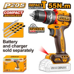 INGCO 20v Ps+ C/l Drill B/less 55nm Imp + Acc