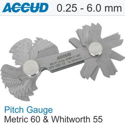 ACCUD Pitch Gauge Metric 0.25-6mm & 4-62tpi 52 Leaves 60deg. And Whitworth 5