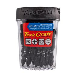 TORK CRAFT Impact Phil.2 X 50mm Power Bit 15pc Tic Tac Case Ph2