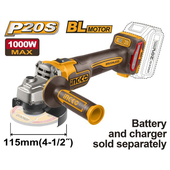 INGCO 20v Ps+ C/l B/l Angle Grinder 1000w No B/c Box