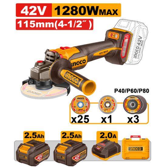 42v Ps+ C/l B/l A/grinder 1280w 115mm + Ass Kit