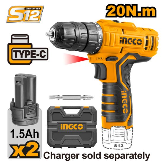 INGCO 12v Ps+ C/l Drill 20nm Kit Usb Type C Kit