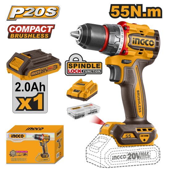 INGCO 20v Ps+ C/l B/l Drill 55nm 1x2.0 Ah B/c Kit Box