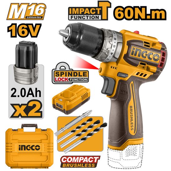 INGCO 16v Ps+ C/l B/l Drill 60nm Kit In Case