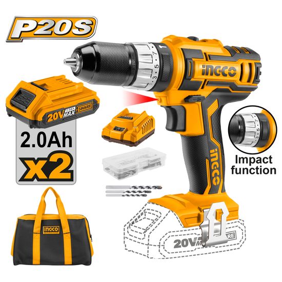 INGCO 20v Ps+ C/l Drill 45nm Imp Kit