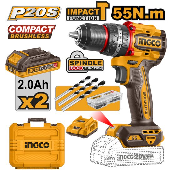 INGCO 20v Ps+ C/l Drill Impact B/l 55nm 47p Kit