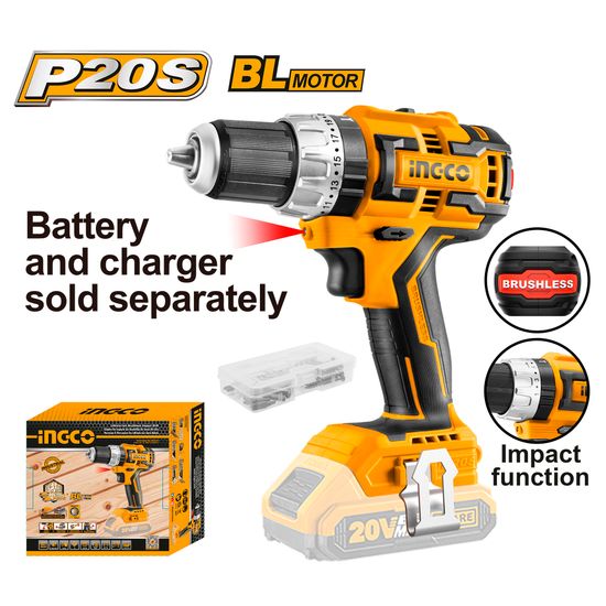 INGCO 20v Ps+ C/l Drill B/less 60nm Imp 47p