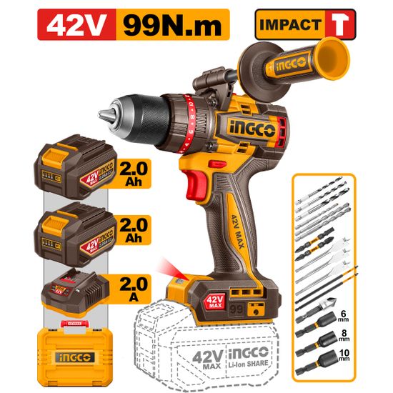 42v Ps+ C/l B/l Impact Drill 99nm + Ass Kit