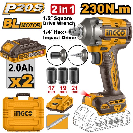 20v Ps+ C/l Imp Driver + Wrench B/less Bmc Kit 2ba