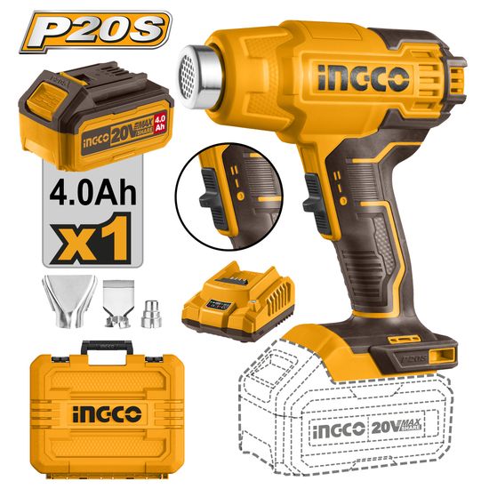 INGCO 20v Ps+ C/l Heat Gun 3p Kit Bat