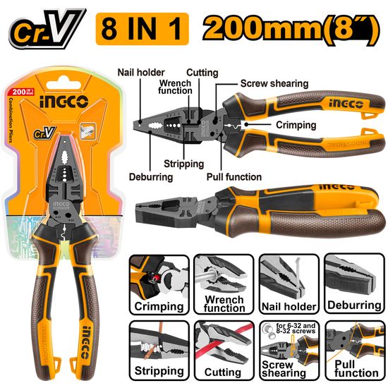 INGCO Plier Multi/f Combination 8 In 1 200mm Cr-v