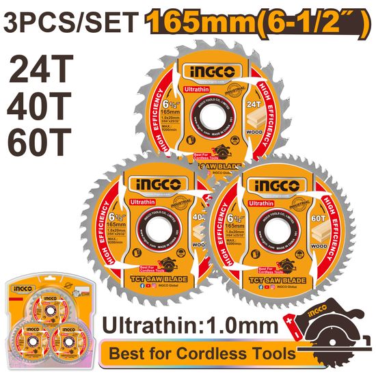 INGCO Blade Tct Wood U/thin 165x24t 40t 60t 3pc