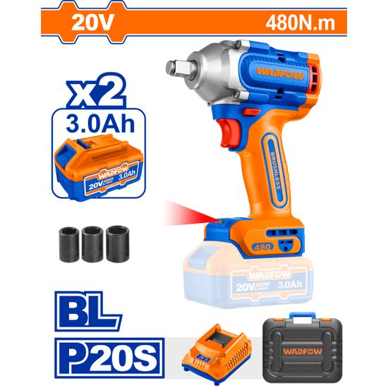 WADFOW 20v Ps+ C/l Imapct Wrench 480nm B/less 2 Bat Kit C