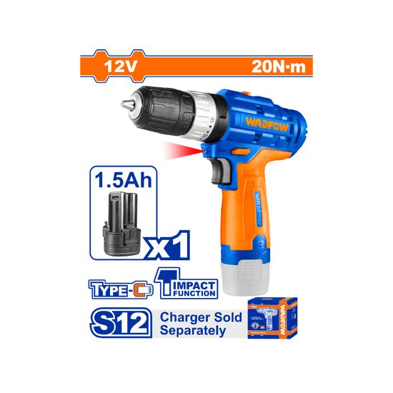 WADFOW 12v Ps+ C/l Imapct Drill Usb Type -c + 1.5ah Bat