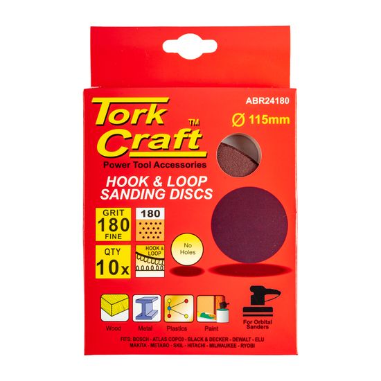 TORK CRAFT Sanding Disc 115mm 180 Grit 10/pack Hook And Loop
