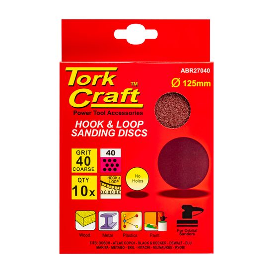 TORK CRAFT Sanding Disc 125mm No Hole 40 Grit 10/pack Hook And Loop
