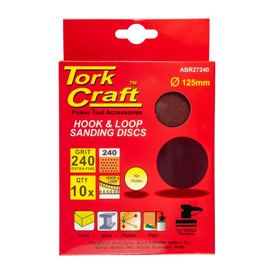 TORK CRAFT Sanding Disc 125mm No Hole 240 Grit 10/pack Hook And Loop