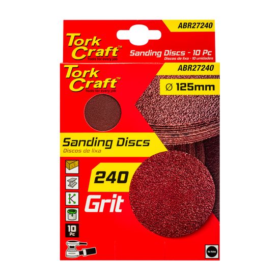 TORK CRAFT Sanding Disc 125mm No Hole 240 Grit 10/pack Hook And Loop