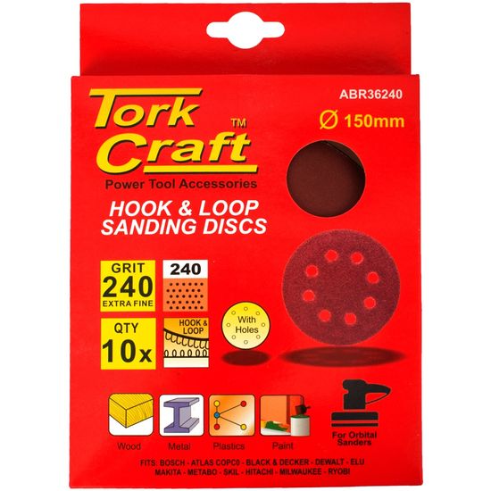 TORK CRAFT Sanding Disc 150mm 240 Grit With Holes 10/pk Hook And Loop