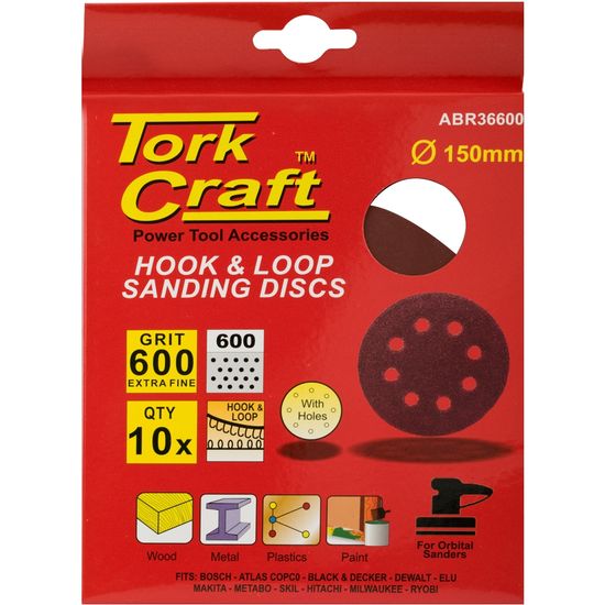TORK CRAFT Sanding Disc 150mm 600 Grit With Holes 10/pk Hook And Loop
