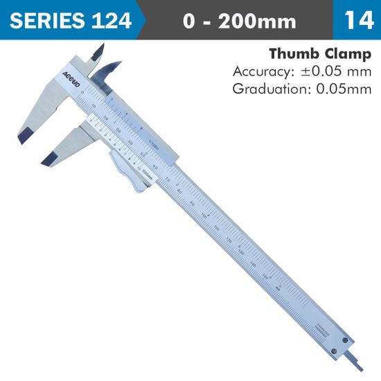 ACCUD Vernier Caliper 200mm Auto Thumb Clamp 0.05mm Acc. 0.05mm Grad. S/stee