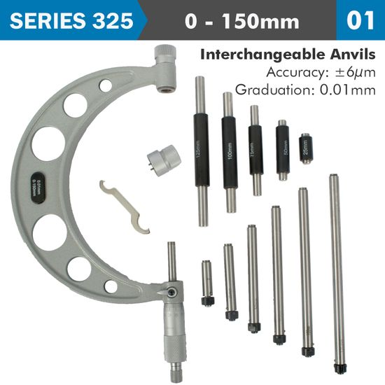 ACCUD Outside Micrometer 150mm 0.004mm Acc. 0.01mm Grad. With Interch. Anvil