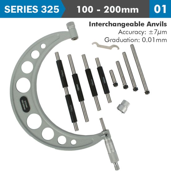 ACCUD Outside Micrometer 100-200mm 0.004mm Acc. 0.01mm Grad. With Interch. A