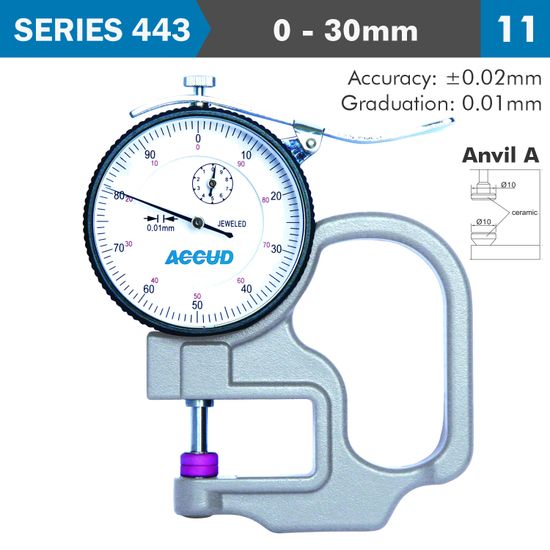 ACCUD Thickness Gauge 30mm 0.03mm Acc. Ceramic Anvil 0.01mm Grad.