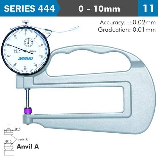 ACCUD Thickness Gauge 10mm 0.02mm Acc. Large Depth Ceramic Anvil 0.01mm Grad