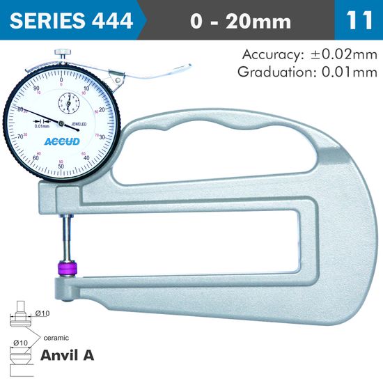 ACCUD Thickness Gauge 20mm 0.03mm Acc. Large Depth Ceramic Anvil 0.01mm Grad