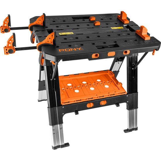 PONY Work Table-sawhorse With 4pc Bench Dogs X2 Clamps
