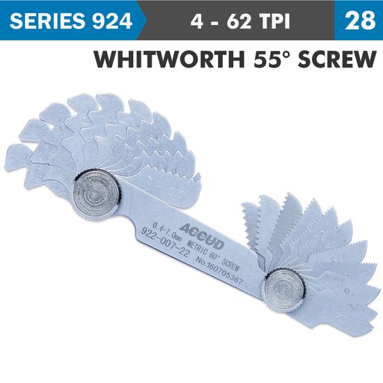 ACCUD Pitch Gauge 4-62tpi 28 Leaves Whitworth 55deg. Screw 0.07mm Acc.