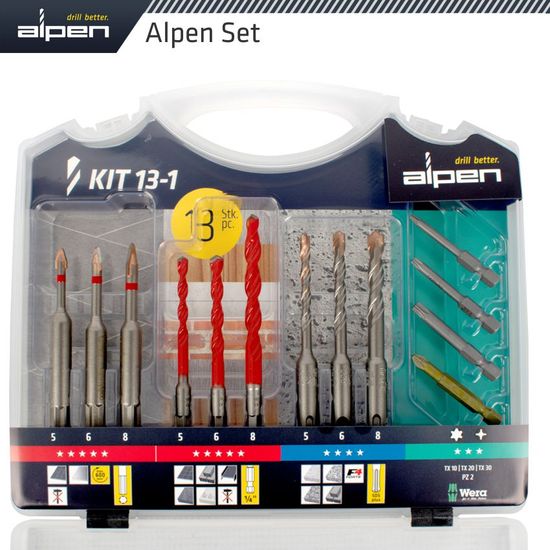 ALPEN Drill-screwset Kit 13 13 Pcs C Prot,multi 6-kant,sds-plus F4 ,4 Bits